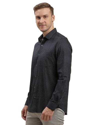 Image of Turtle Men Cotton Tencel Slim Fit Printed Navy Formal Shirt