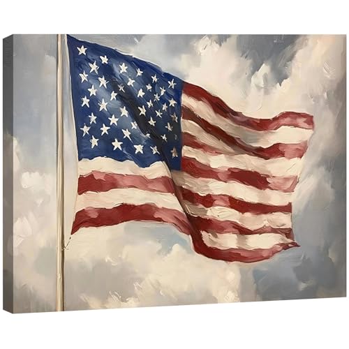 Image of Vintage American Flag Framed Canvas Wall Art 24x36in, Patriotic Oil Painting Canvas Print, 4th of July Independence Day Wall Decor for Living Room, Bedroom, Office, Made in USA