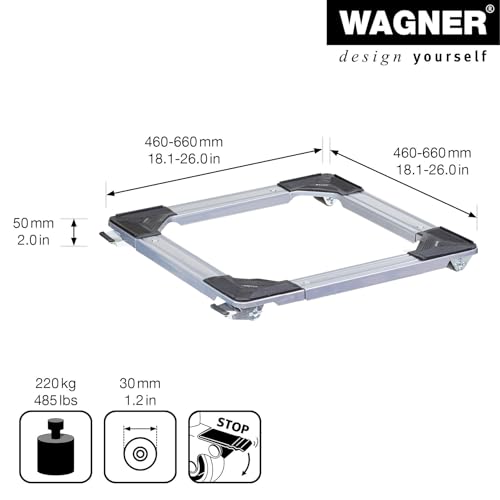 WAGNER Transportroller Transporthilfe I Industriestahl 46-66 x 5 cm, Tragkraft 220 kg I größenverstellbare ausziehbare Ladefläche I Umzug von Waschmaschine, Trockner, Herd I Möbelroller mit Bremsen