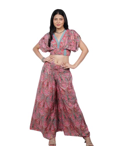 Image of Women's Poly Silk Cowl Sleeves Crop Top with Palazzo Pants