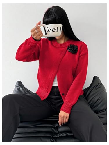 Image of MakeMeChic Women's Wrap Cardigan Sweater Flower Button Down Pullovers Tops Red X-Large