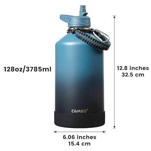 Image of CIVAGO Gallon Insulated Water Bottle Jug with Straw, 128 oz Large Stainless Steel Water Flask, Big Metal Thermal Mug with 3 Lids for Sports, Travel, Gym, and Camping, Navy Blue