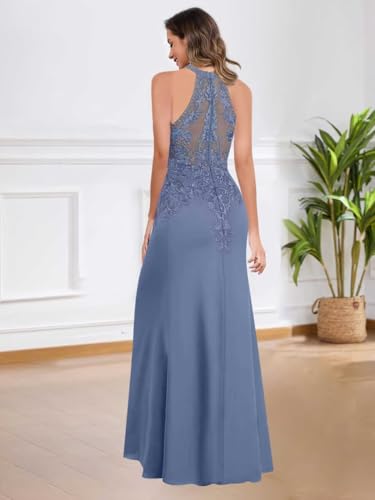 GUKARLEED Women’s Lace Appliques A-line Mother of Bride Dresses Halter Long Slit Sleeveless Formal Dress for Wedding Guest4