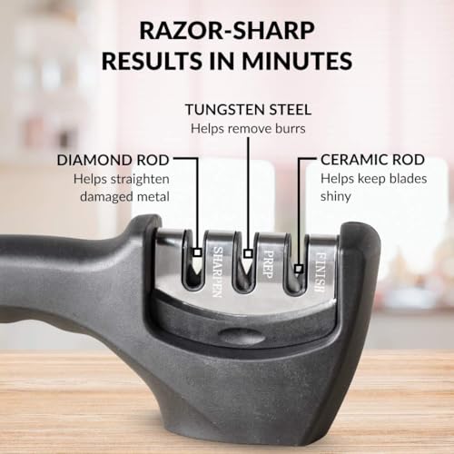 Image of Nestasia Knife Sharpener Tool for Kitchen, 3-Stage Stainless Steel Sharpener for Steel Knives with Ergonomic Handle & Non-Slip Base, Multi-Purpose Blade Sharpening Tool for Home Cooking