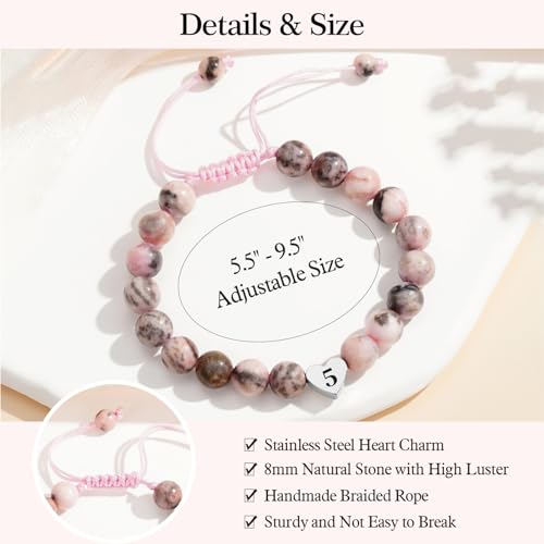 WEDDINEN 5-14 Year Old Birthday Gifts for Girls, Adjustable Pink Nature Stone Heart Bracelet with Message Card for Daughter Granddaughter Niece Sister Friend2