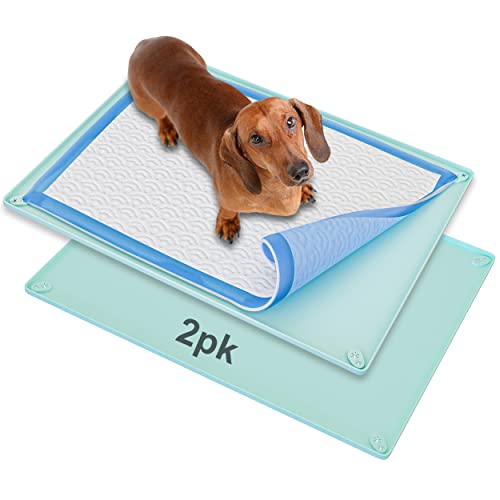 Image of TidyFriend 2 Pk Pee Pad Holder Tray for 30 inch x 23 inch Pee Pads with Corner Lock Holes, Raised Edges, Non-Spill, Easy to Clean Silicone Dog Potty Tray Holder, For Indoor Floor Protection (Turquoise)