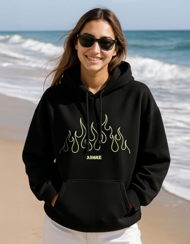 Image of JUNEBERRY Cotton Fleece Regular Fit Hooded Sweatshirt Lastest Back Graphic Printed Winter Hoodies for Women (Available in Colors: Black, SOYA Bean, Orange, Marshmellow, White & Lilac)