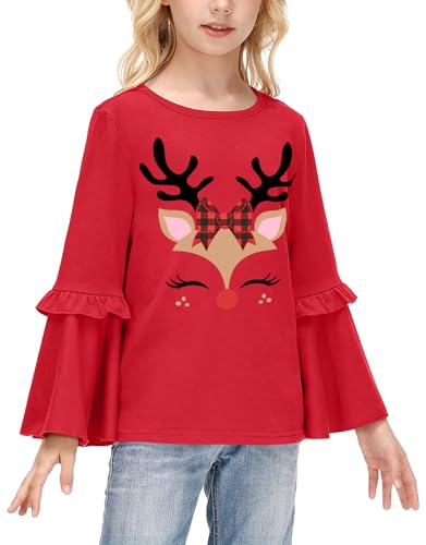 Image of BesserBay Girls Christmas Long Bell Sleeve Ruffle Tunic Top 4-12 Years