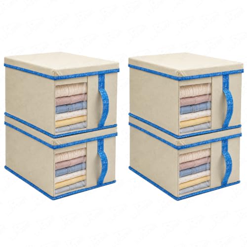 Image of Lukzer 4 PCs Wardrobe Organizer for Storage - 20L Non-Woven Foldable Cloth Organizer /Storage Box with Lid & Handle | Stackable Space-Saving Multipurpose Organizers for Home & Office Use - Beige /Blue