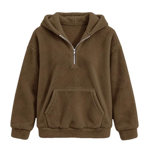 Quarter Zip Pullover Women Fuzzy Sherpa Fall Jackets Fleece Jacket Hoodies Brown L - image 3