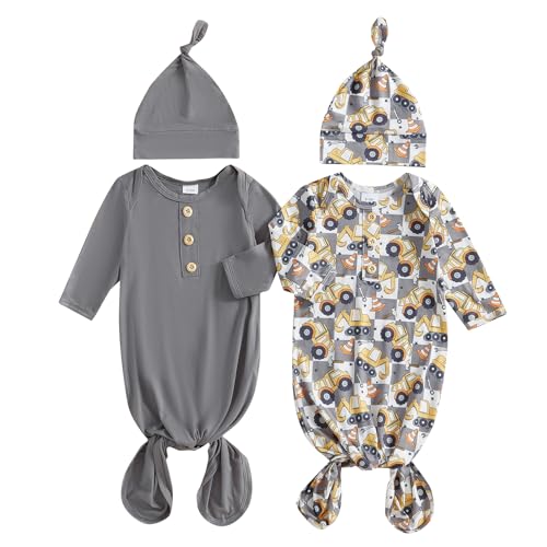 Image of woshilaocai 2 Pack Baby Boy Girl Gown Sleeper Newborn Knotted Nightgown and Hat Set Infant Sleepwear