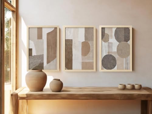 Image of BLINKART Set of 3 NEUTRAL TEXTURED BLOCKS Natural Brown Frame Painting for Wall Decoration - Modern Art Wall Decor Framed Painting for Living Room Bedroom - Framed Wall Posters /Paintings (8X12 inch)