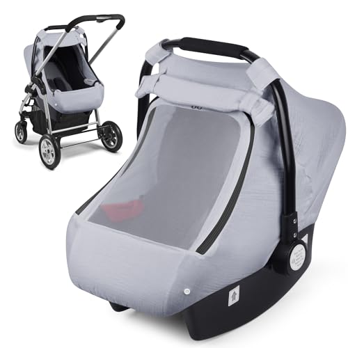 Image of Muslin Car Seat Cover for Babies, Elstey Infant Carseat Canopy with Breathable Peep Window, Kick-Proof Baby Car Seat Covers for Boys Girls, Lightweight Newborn Carrier Cover Fit Summer