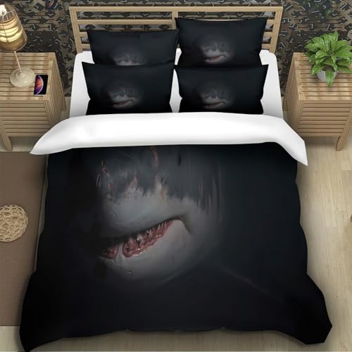 Housse de couette requin 3D lit 1 personne parure de lit microfibre avec zip