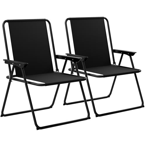 Outsetter Folding Beach Deck Chairs - Pack of 2 Metal Outdoor Lightweight Deck Chair with Armrests Portable & Easy to Store Suitable for Camping Garden Picnic & Fishing - Black