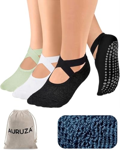Image of AURUZA Pilates Grip Socks for Women Non Slip Skid Yoga Socks with Grips Straps for Ballet Dance Workout Gripper Sock