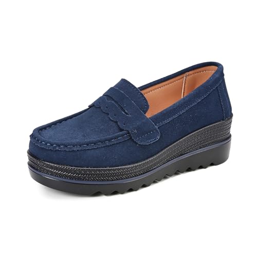 Image of Ruiatoo Women's Slip-On Platform Loafers Suede Wedge Mocs Low-Top Lightweight Casual Office, Travel, Daily Walking Shoes