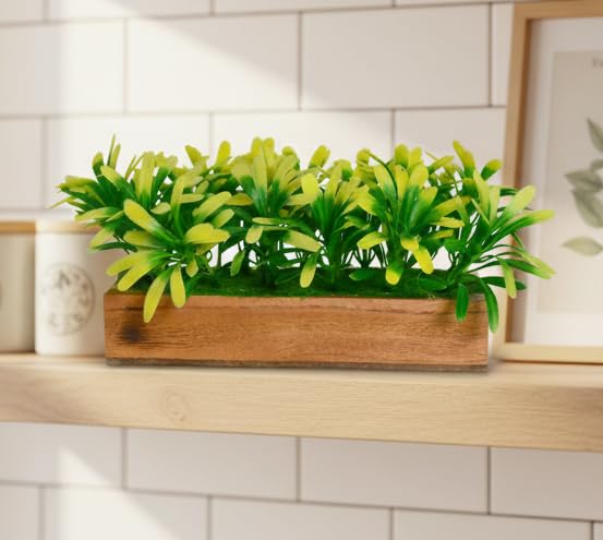 fancymart Artificial Plant Leaves in a Stylish Wooden Planter, Perfect Home Décor Item | Height 11 cm x Width 20.5 cm