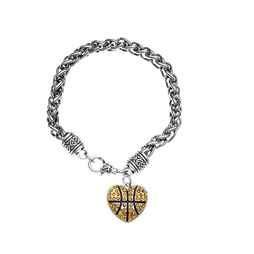Infinity Collection - Basketball Heart Shape Charm Bracelet with Rhinestones - Jewelry for Sports-Fan Women, in Gift-Ready Velvet Pouch Accessory