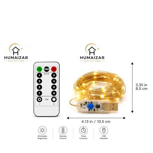 Image of HUMAIZAR 5M USB Powered LED String Lights with Remote & 8 Modes, Copper Wire Fairy Lights for Bedroom, Wedding, Christmas, Ramadan, Diwali, Party, Curtain & Home Decoration (Yellow Light)