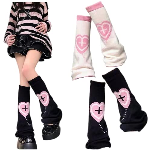 MOFLYS Leg Warmers for Women Kawaii Pink Heart Cross Print Knit Y2K Leg Socks Lolita Warm Harajuku 80s Outfit Punk (2 Pairs)