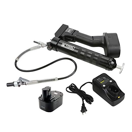 K Tool International Battery Powered Cordless Grease Gun; 2 Lithium Ion 19.2V Battery Packs, 6 Grease Cartridges, Durable, Rugged and Reliable ; KTI73970