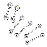 Heuvipens 6pc Set 14g Surgical Steel Coated CZ Crystal Ball Barbell Bar Tongue Ring Stud Nipple Body Piercing Jewelry