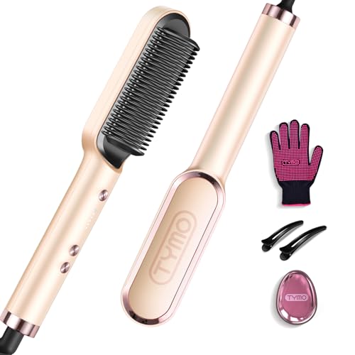 TYMO RING Cepillo Alisador Pelo - Planchas de Pelo Profesional, 5 Temperaturas, 130°C-210°C, Calentamiento Rápido, Protección Antiquemaduras, Anti Encrespamiento,Doble Voltaje,Melocotón