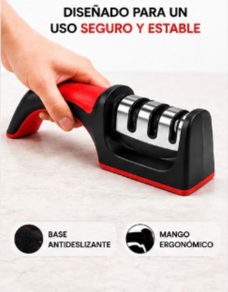 Afilador de Cuchillos Profesional 3 Etapas con Tungsteno y Cerámica, Afilado Rápido y Seguro, Base Antideslizante, Mango Ergonómico para Cocina.