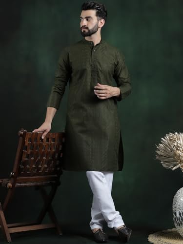 Image of SOJANYA (Since 1958 Men's Pure Cotton Checked Embroidered Long Kurta | Traditional for Diwali Celebrations