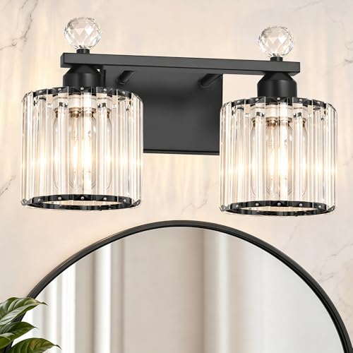 Image of Lxybcce Modern Crystal Bathroom Vanity Light, 14In 2-Lights Bathroom Light Fixtures, Black Vanity Light Fixtures Over Mirror, Easy Installation & Shadow-Free Illumination for Bathroom Mirror Decor