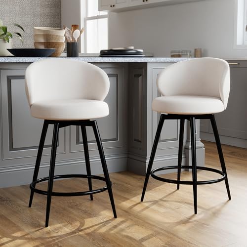Image of Bar Stools Set of 2, 360 Swivel Breathable Fabric Kitchen Counter Height Stools, 26 inch Upholstered Bar Chair for Kitchen Islands, Restaurant, Ivory