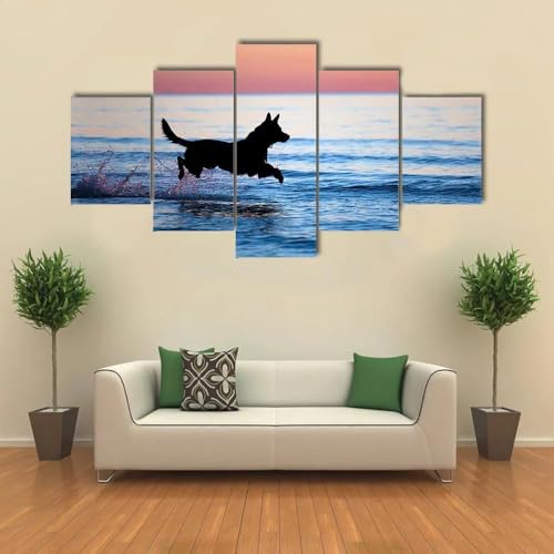 Tableau decoration murale salon grand format motif chien running sur eau toile 200x100