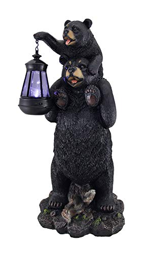 Zeckos Lifting Spirits Bear Cub on Shoulders Statue and Solar LED Lantern