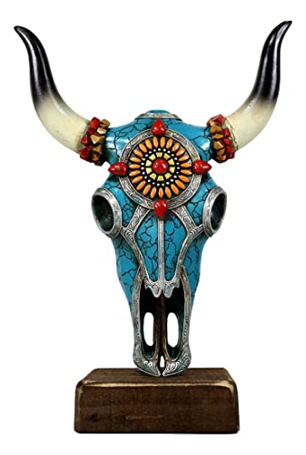 Ebros Gift Tête de crâne de bison de bison de buffle de 33 cm avec mosaïque turquoise or et rouge aztèque soleil géométrie géométrique sculpté de...