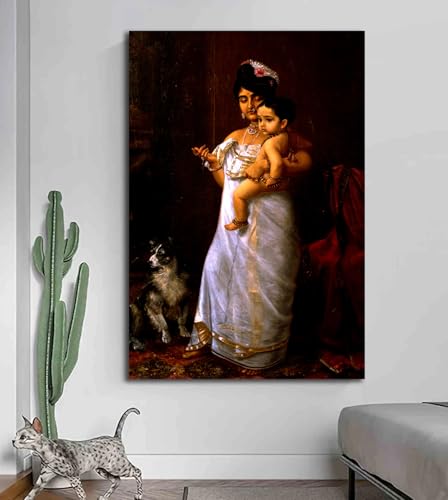 Image of Sikhash Raja Ravi Varma Painting | There Comes Papa | Classical Indian Vintage Portrait Famous Artist Painting for Home Decor 35X23 Inches Unframed.