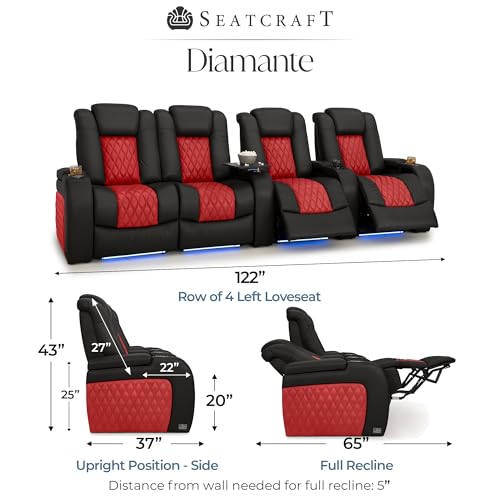 Image of Seatcraft Diamante Black /Red Italian Leather Home Theater Seating, Zero Gravity Power Recliner, Gaming and Home Office Chair, Powered Headrest Furniture for Cinema Room, Row of 4 Left Loveseats