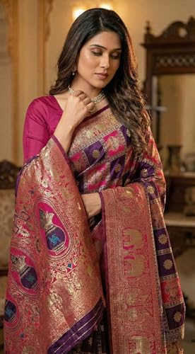 Image of C J Enterprise Women's Kanjivaram Silk Saree Woven Patola Banarasi Soft Sarees Zari With Blouse Piece (Hathi Patola)