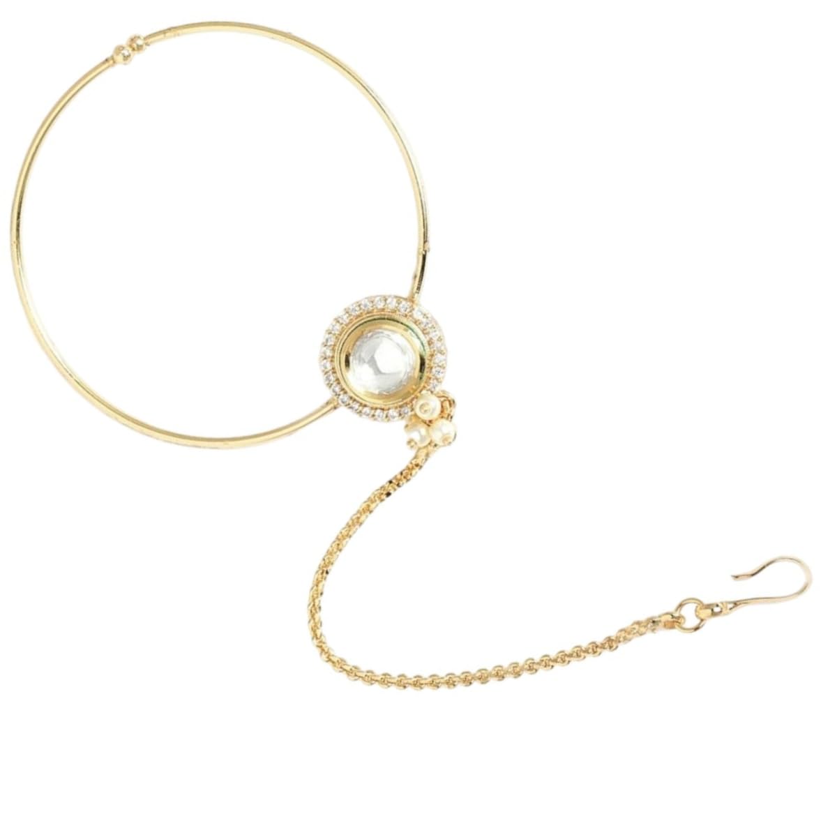 JWELLA Traditional Jadau Kundan And Pearl Nose Ring/Nath With Chain for women and girls pack of 1 (No piercing required) (B0D9QV7RSX) Amazon Price History, Amazon Price Tracker