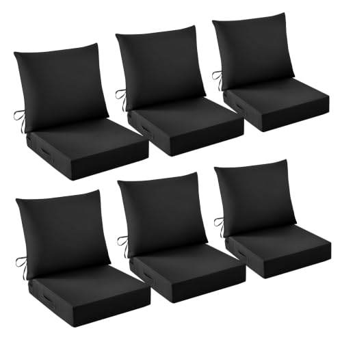 Image of Outdoor Chair Cushions, 24 x 24 Inch Outdoor Cushion for Patio Furniture, Patio Chair Cushion, Waterproof & Fade Resistant Deep Patio Furniture Cushions Set with Handle and Ties, Black (Set of 6)