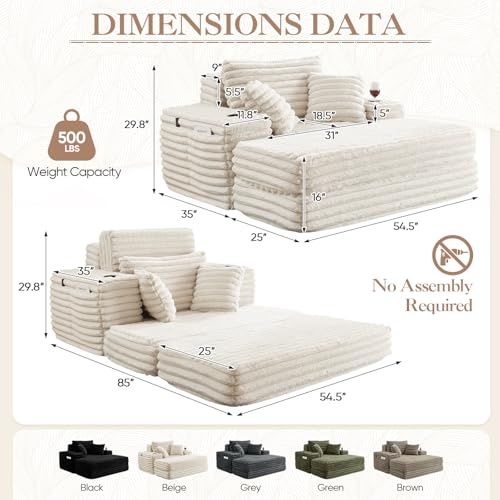 Image of 5-In-1 Oversized Chaise Lounge Chair Indoor with Ottoman,54.5 inchW Faux Fur Convertible Folding Sleeper Sofa Bed with Cup Holder&Side Pocket,Comfy Boneless Couch Sofa Chair for Living Room,Bedroom(Beige)