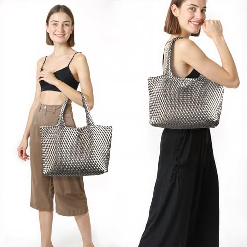 Image of Woven Tote Bag for Women, Large Vegan Leather Tote with Inner Pouch | Soft Woven Texture,Relaxed Style,Shoulder Tote Bag,Unstructured Tote,Casual Woven Handbag,Open Interior,Removable Pouch