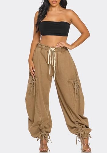 Women's Barrel Pants Y2k Baggy Cargo Jeans High Waisted Bow Tie Denim Pants with Drawstring Streetwear3