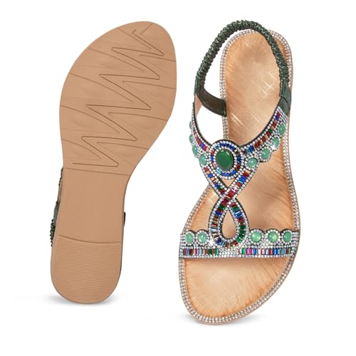 Image of iCKER Womens Rhinestone Strappy Flat Sandals Elastic Ankle Strap Open‑Toe | Sparkling,for wedding,party,evening dates,special occasion,Vacation,Formal