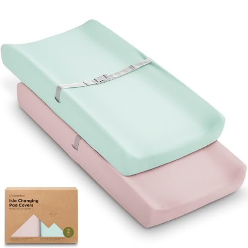 Image of 2-Pack Baby Changing Pad Cover for Girl, Boy - 34x18 Soft Viscose Derived from Bamboo Baby Diaper Changing Table Pad Cover Sheets, Neutral, Snug Fit Nursery Diaper Change Sheets (Pastel)