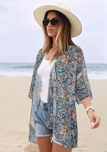 Image of Women's Floral Print Puff Sleeve Kimono Cardigan Loose Cover Up Casual Blouse Tops 2026