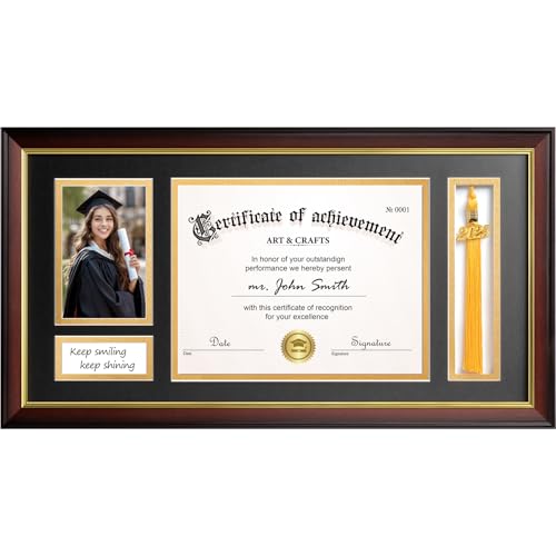 Yaetm 11x22 Diploma Frame with Tassel Holder for 8.5x11 Certificate Document & 4x6 Photo with High Definition Glass, Black Mat Over Gold Acid-free Mat, Mahogany Graduation Frame 2025