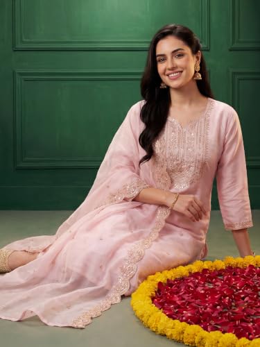 Image of INDO ERA Women's Silk Blend Floral Embroidered Thread Work Straight Kurta & Pant with Dupatta Set | Kurti Set