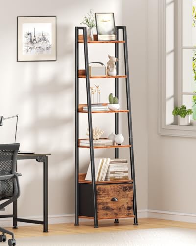 Image of Furologee 6 Tier Ladder Shelf,Ladder Bookshelf with Drawer,Industrial Tall Bookcase,Storage Rack Organizer,Wood Metal Freestanding Shelves for Living Room, Home Office, Bedroom,Rustic Brown