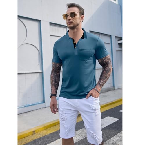 Image of Men's Short Sleeve Polo Shirts Buttons Collared T Shirts with Pocket